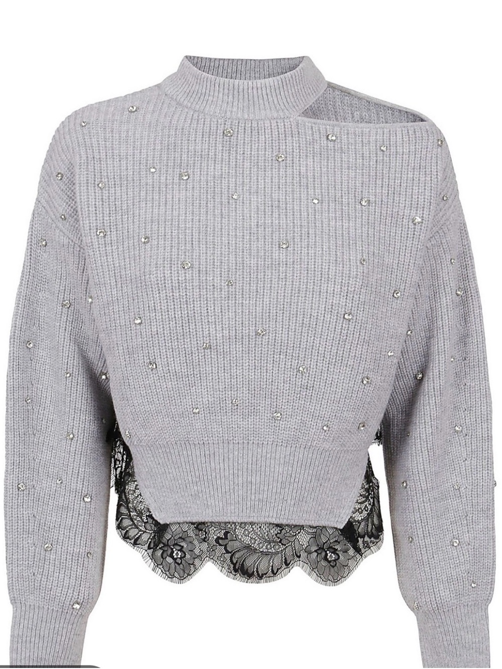 NWT Self-Portrait sold-out Gray wool Lace-Hem Cropped Sweater with crystals